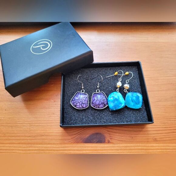 Gemstone Earrings Mother of Pearl Turquoise Purple Eclectic Dangle Set of Two - Picture 1 of 5
